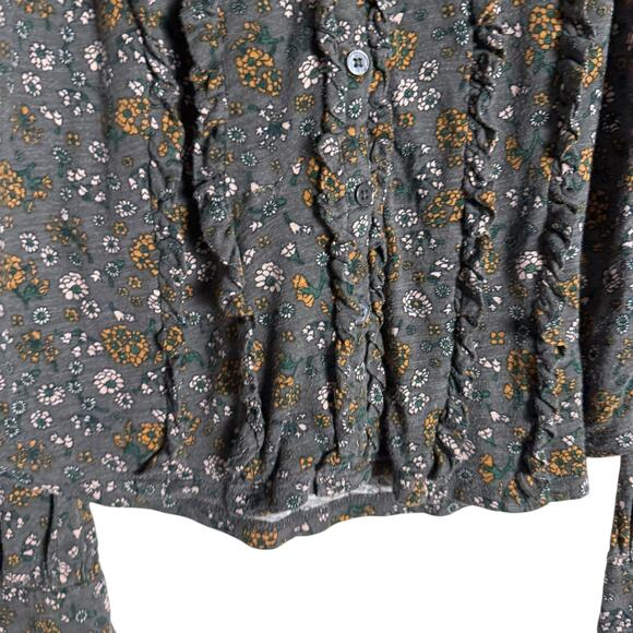 Boden Ruffle Jersey Gray Floral Print Long Sleeve Modest Blouse Size 4 - Picture 9 of 14